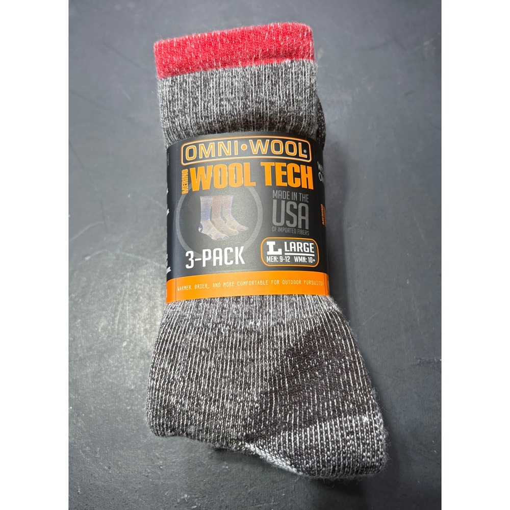 Omni-Wool Merino Wool Tech Mid-Weight Hiker Socks 3-Pack Large Gray Blue Red